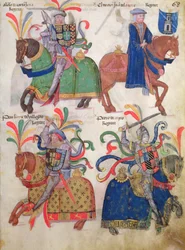 Four cavaliers, from the Libro de Los Caballeros de la Cofradia de Santiago