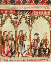 Group of Troubadours, illustration from Cantigas de Santa Maria, made under the direction of Alfonso X (The Wise) King of Castille and Leon (1221-84)
