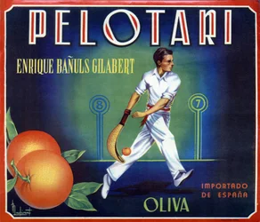 Label for oranges Pelotari produced by Oliva in Valencia, Spain. Illustration of a Basque ball player, 20th century