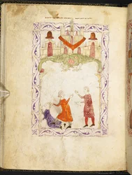 Moses reproaching two quarrelling Israelites, Moses in Egypt, from Hispano-Moresque Haggadah, MS Or 2737, f.66r, f.1275-1324