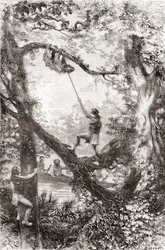 Native Indians capturing a tree sloth on the Oyapock or Oiapoque River, South America