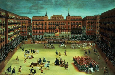Panorama of a fiesta in the Plaza Mayor in Madrid
