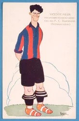 Postcard depicting a caricature of the Spanish footballer Vicente Piera of Barcelona