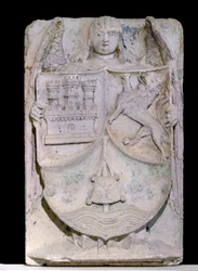 Spanish Patch of the 14th Century: Coat of Arms of Castile and Leon, the Stick of Pelerin Evokes Saint Jacques de Compostela, Preserved in the Cistercian Abbey of Fontenay, Burgundy