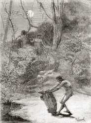 Sunos Indians hunting freshwater turtles in the Napo River, Ecuador