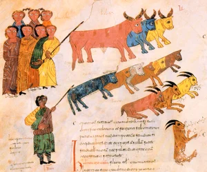 The Hebrew people leave Egypt with their livestock, from the Visigothic-Mozarabic Bible of St. Isidores, A.D. 960