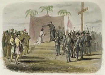 The baptism of the king of the island of Cebu and five hundred other Indians by members of the Magellan expedition on April 14