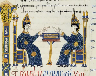 Two Catholic Bishops Sitting in Front of a Manuscript