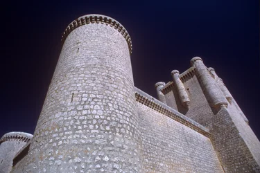 View of a drum tower and the keep from below