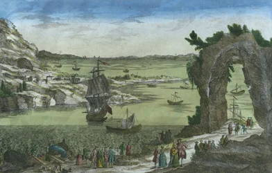 View of the French landing to establish the new colony in the port of New Cayenne, French Guyana, 1762