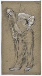 Study of Old Man Rests on a Cane