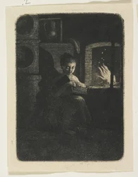 Young Girl Reading by a Fire