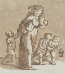 A young girl walks towards the left with one infant on her shoulder and holding another