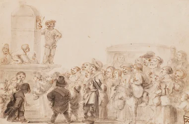 A Group of Dwarfs watching a Puppet show, with a carriage in the background