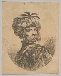 A Turkish man with a moustache, wearing a turban decorated with five egret feathers