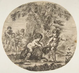 A Child and a Satyr Child Playing with a Goat