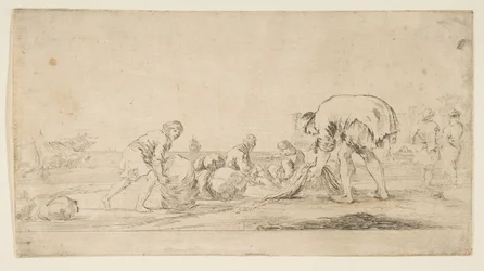 A Fisherman Bringing in His Nets, a Man at Left Pushing a Bale to the Right, Two Seated