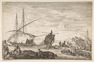 A galley covered in sails to left, six cannons and four people to left in foreground