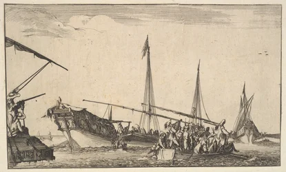 A Rowboat Full of Men, a Ship with Men Descending into a Rowboat (detail)
