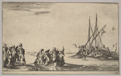 A Rowboat Full of Men in Center, a Group of Men Standing on Shore at Left, a Ship Full of Men