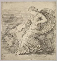 A Woman in Profile Pulling Back on a Rope Tied Around the Horns of a Young Bull