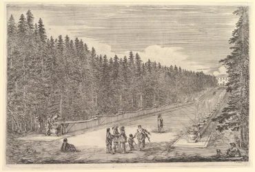 An alley of fountains, a group of people in center, a man and dog seated to right, two