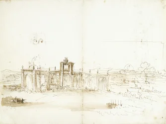 View of the Port of Livorno with a Building Bearing the Medici Coat of Arms [recto]; View of the Port and Two Ornament Studies [verso]