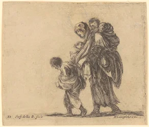 Poor woman walking to the left with a child on her back, a toddler in a sling and an older child in front of her