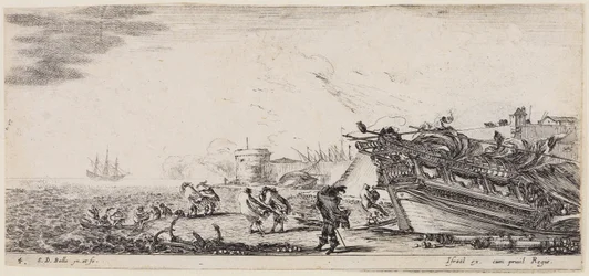 Loading of Various Ships: People in Strong Wind at the Pier, Right Bow of a Ship