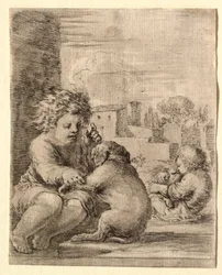 Child Teaching a Dog to Sit on His Hind Legs