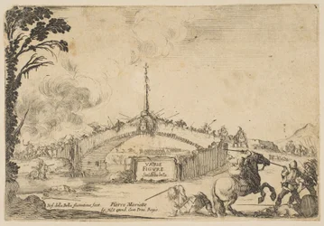 Combat on a Bridge, a Horseman and Two Footsoldiers Battle with Swords