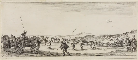 Peace and War: Trains with Cannons and Two Soldiers Equipped with Long Lances