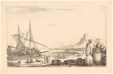 On the Left a Galley, on the Right Three Galley Slaves by a Barrel, Plate 7 of the Series "Various Figures"