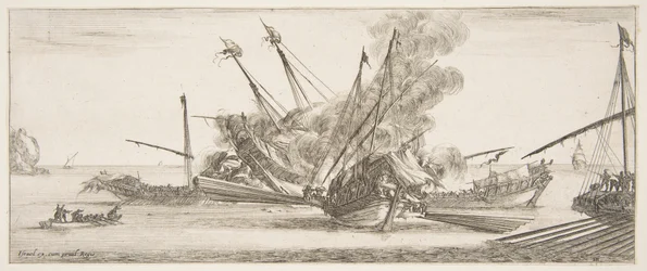 Naval combat, a ship at center, seen from behind, firing at four enemy ships