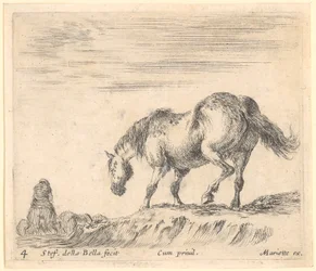 Horse in profile facing left, at left a rider on another horse