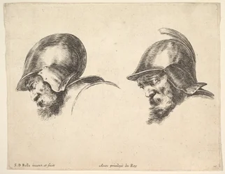 Plate 10: Two Heads of Old Soldiers Wearing Helmets, Both Facing Left and Looking Down