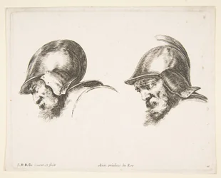 Plate 10: Two Heads of Old Soldiers Wearing Helmets, Both Facing Left and Looking Down