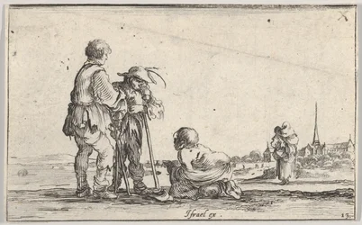 Plate 13: Two Peasants Standing to Left, a Cripple Kneeling on the Ground in Center