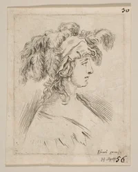 Mid-Bust of a Young Woman in Profile Wearing a Hat Topped with Feathers, ca. 1649 (Plate 15)