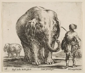 Plate 16: an elephant in center, his mahout standing to the right wearing an Oriental Headdress