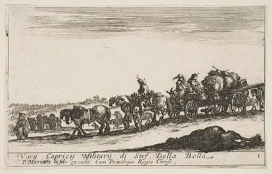 Plate 1: A horse drawn cart carrying people and goods, dead horse in the foreground