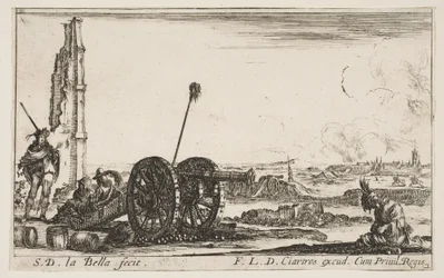 Plate 2: A cannon to the left, a town in the background, from Various Military Capric