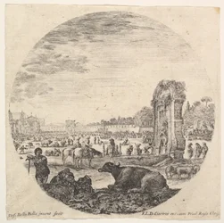 Campo Vaccino, a buffalo and two shepherds in center, the Fontanone to right