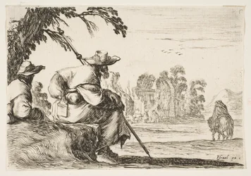 Plate 5: Two Pilgrims with Hats Rest to the Left, Seen from Behind, a Horseman Rides Towards