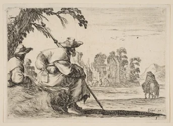 Two Pilgrims with Hats Rest to the Left, Seen from Behind, a Horseman Rides Toward