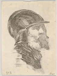 Head of an old bearded soldier wearing a helmet facing right, from Various heads