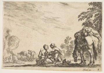 Plate 6: Two Women, One Nursing a Child, Seated Next to a Dog and a Horse Carrying a Pack