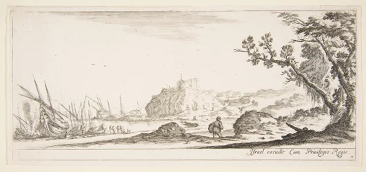 Plate 7: various boats on shore to left, a man carrying a bag, seen from behind