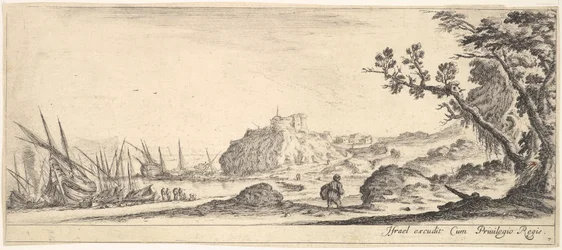 Plate 7: Various Boats on Shore to Left, a Man Carrying a Bag, ca. 1641