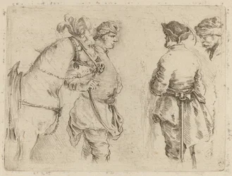 Pole Holding the Bridle of a Horse while Speaking with Two Other Men